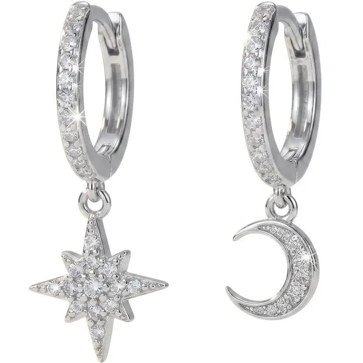 Women's Hypoallergenic Copper White Metal Plated Dainty Star and Moon Asymmetrical Huggie Hoop Earrings, Cubic Zirconia Whimsical Celestial Symbol Duality Style Metal Hoop Everyday Jewelry Gift, Whimsical Earrings, Celestial Symbol Earrings