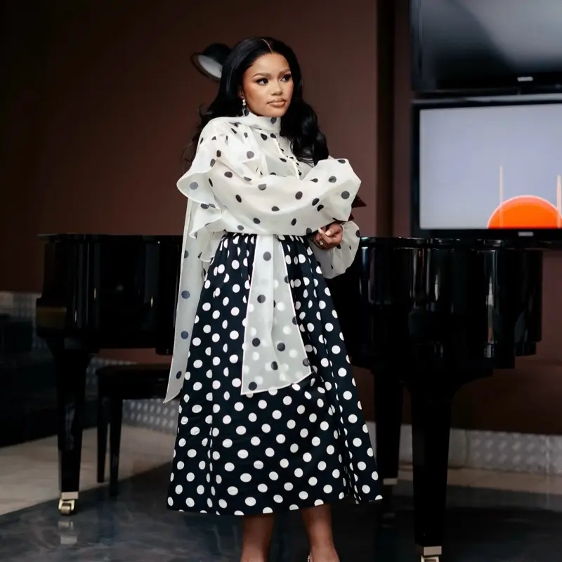 Women's 2-Piece Polka Dot Print Clothes Set - Formal Sheer Light Chiffon Tie Neck Blouse Top, High-Waisted A-Line Midi Skirt for Cocktail Fit Occasions, Sleeves, Formal Wear, Chiffon Fabric, Midi Length, Non Stretch, Tie-Front Two-Piece Skirt & Top Sets