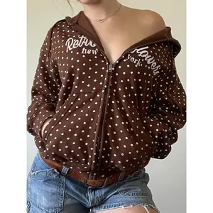 Women's Polka Dot Print Vintage College Style Graphic Hoodie Jacket, Casual Loose Fit Fall Winter Outerwear, Slim-Fitting Kint Fabric