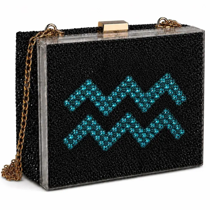 Aquarius Blue Zircon & Jet Black Luxe Crystal Custom Zodiac Box Clutch Bag