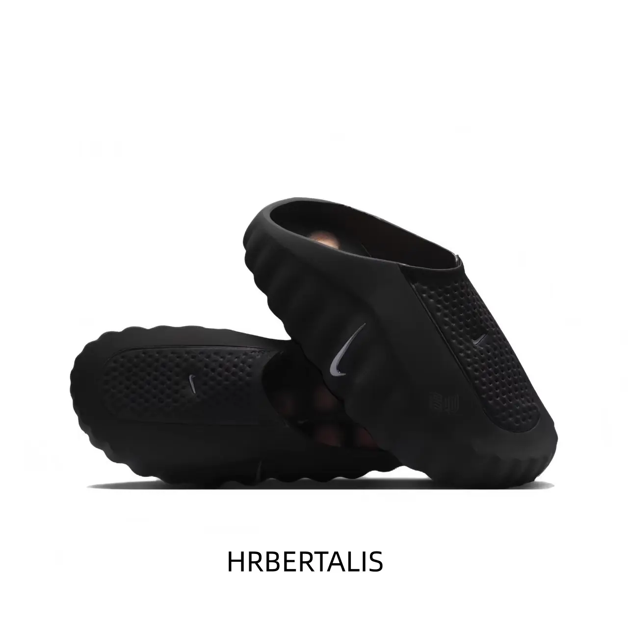 All Black Hollow Chunky Slide Sandals, One-piece EVA Material, Breathable Hollow Mesh Surface, Wave-shaped Thick Cushion Sole, Unisex Max Cushion Slides for Shower, Beach & Daily Street Style