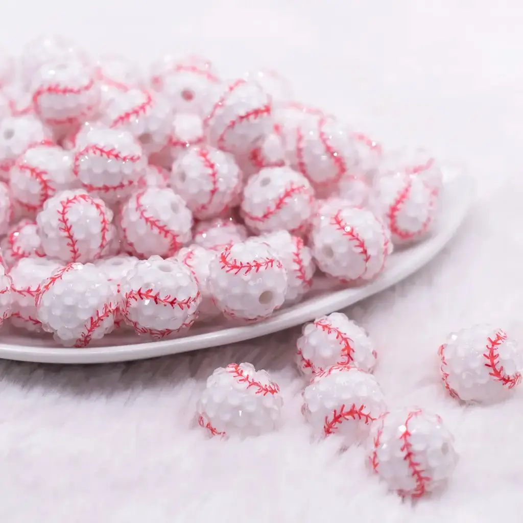 16mm Baseball with Clear Rhinestone Bubblegum Beads