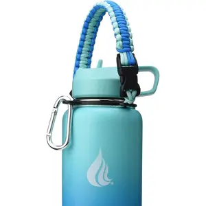 Paracord Handle for Wide Mouth Water Bottles - Carrier Strap w/Attachment Ring and Carabiner Accessory. Compatible w/ 64oz, 40oz 32oz, 24oz, 18oz, 14oz Insulated Bottles
