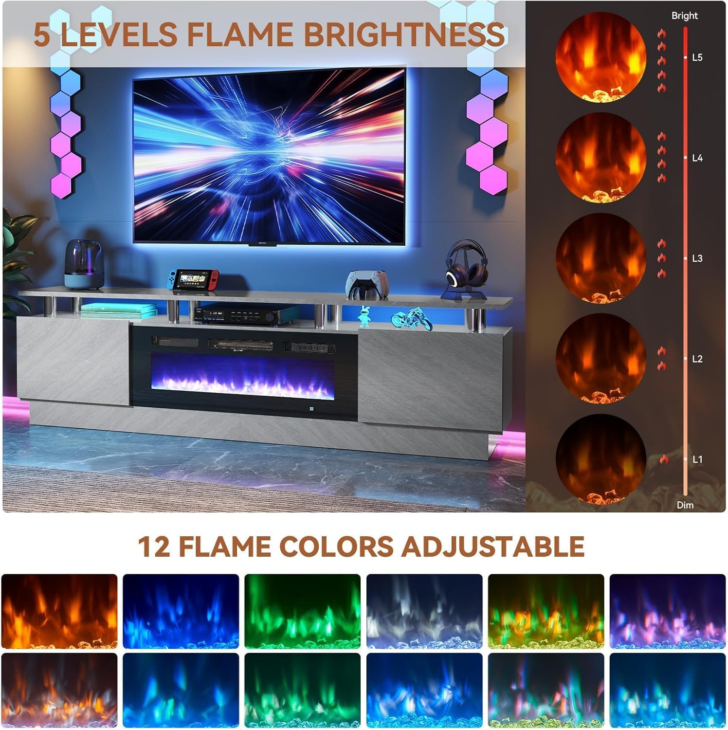 Aoxun Modern 80" Electric Fireplace TV Stand with Storage Cabinets LED Lights Hinged Doors for TVs up to 90" Gray Entertainment Center