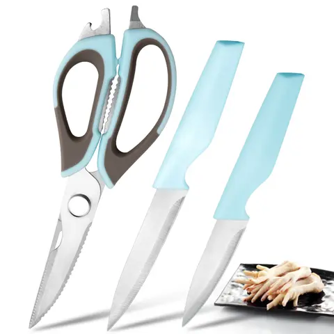 3-Piece High-Quality Stainless Steel Kitchen Scissors & Knife Set - Durable Bone-Cutting Tool, Plastic Bottle Opener, Canning Kitchenware Utensils for Cooking, Fast Fish Scaling