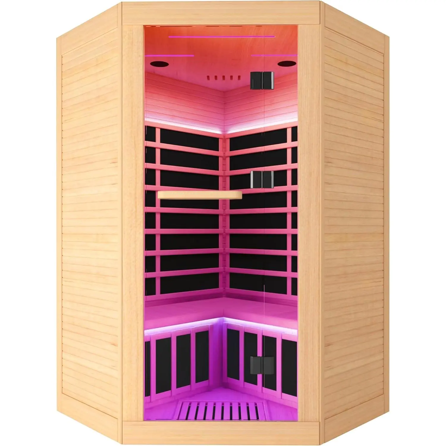 JSFJ 2-3 Person Corner Sauna Far Infrared 120V 20A Canadian Hemlock | Indoor Saunas Room Home 2100W Low-EMF Dry Saunas with 7 color therapy 47.2*47.2*74.8inch