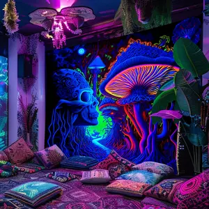 1pc Terrifying Skull Mushroom UV Black Light Tapestry, Large Size Peach Skin Fluorescent Tapestry, Bedroom Aesthetic Hanging Tapestry For Party Festival, Bedroom Office Living Room Home Decor, Wall Decoration With Free Accessories
