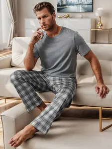 Men's Sleepwear Set, Casual Printed Short Sleeve Round Neck Tee & Plaid Pants, Spring Summer Autumn Nightwear Pajamas