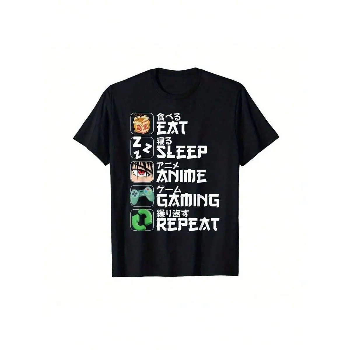 Men's Cotton Short-Sleeve Oversized Relaxed Fit Casual T-Shirt - Eat Sleep Anime Gaming Repeat Kawaii Otaku Graphic Design