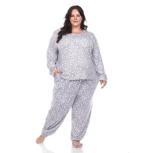 212 MAIN Women's Plus Size Lady Casual Grey Leopard Print Polyester Blend 2-Piece Pajama Set Outfits - 3XL, Long Sleeve Top, Full Length Bottoms (PS3636-01-3X)