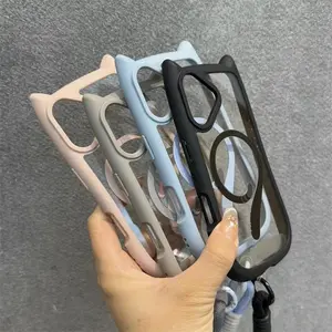 Cute Cat Ear Magsafe Case For iPhone 13 14 15 16 Pro Max 11 12 15 16 Plus Transparent PC TPU Armor Cover with Wrist Strap Chain