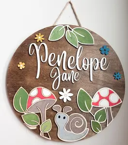 Custom nursery name sign, woodland nursery sign, girl nursery sign, round nursery name sign, mushroom nursery sign, whimsical nursery sign