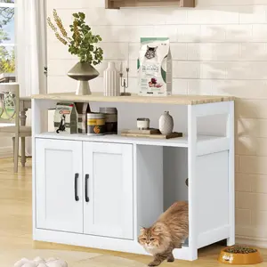 Hidden cat litter box cabinet with open compartments, cat litter box fence with a shelf, hidden cat litter box furniture, sturdy cat washroom storage, indoor cat house furniture, suitable for indoor use by cat owners, the perfect gift for cat lovers tikto