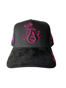 Pink Magneta LA Luxury Black Cotton Hat and Pink Embroidery with Suede Brim Rhinestones Satin Lining Metal Button Clip & Custom Brooch Includes Dust Bag Certificate of Authenticity Custom Shipping Box