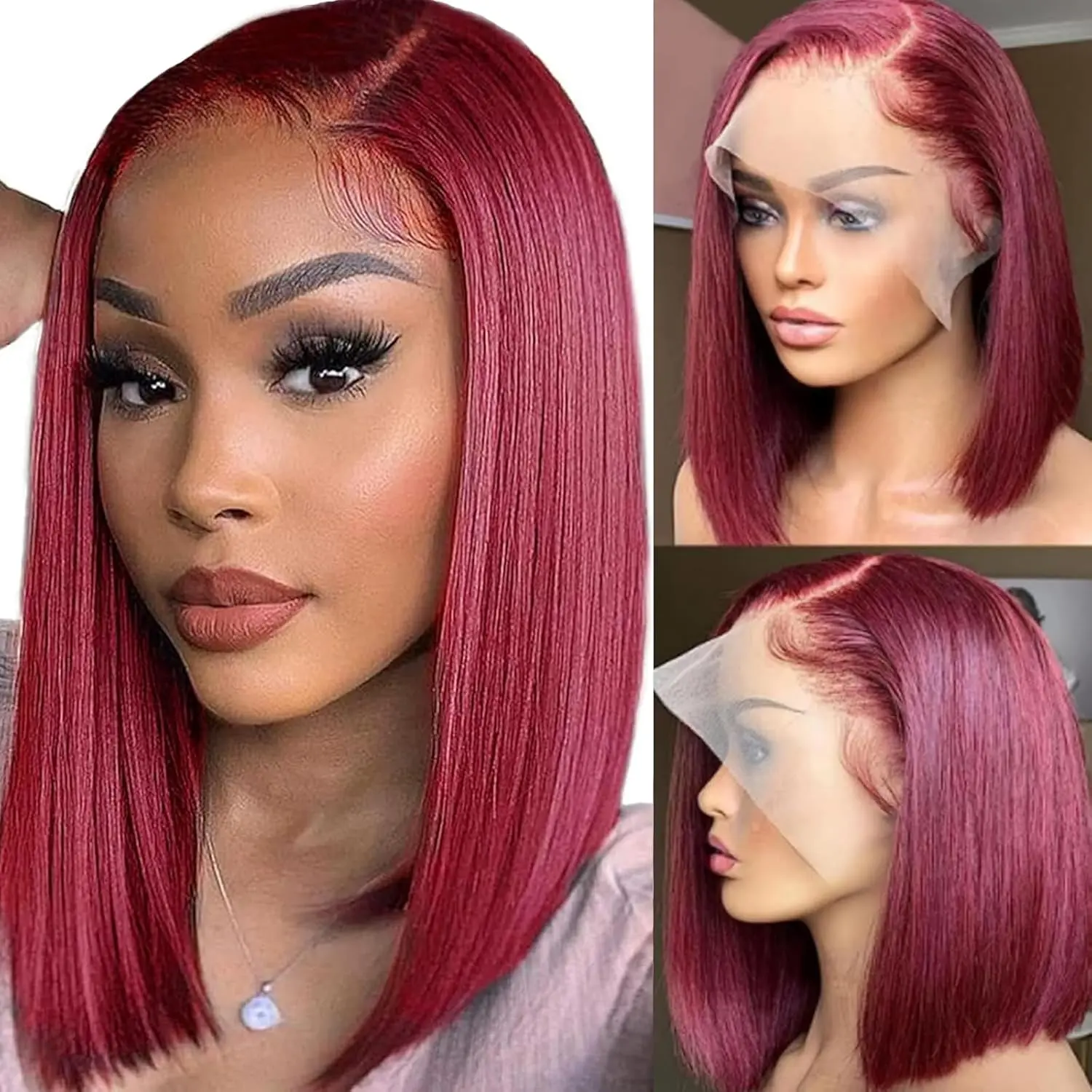 Lucile Women's 6-12 In Transparent Lace Front Bob Wig, 180% Density 99J Silky Straight Human Hair Wig, Wholesale Fashion Accessory, Silky Straight Wig