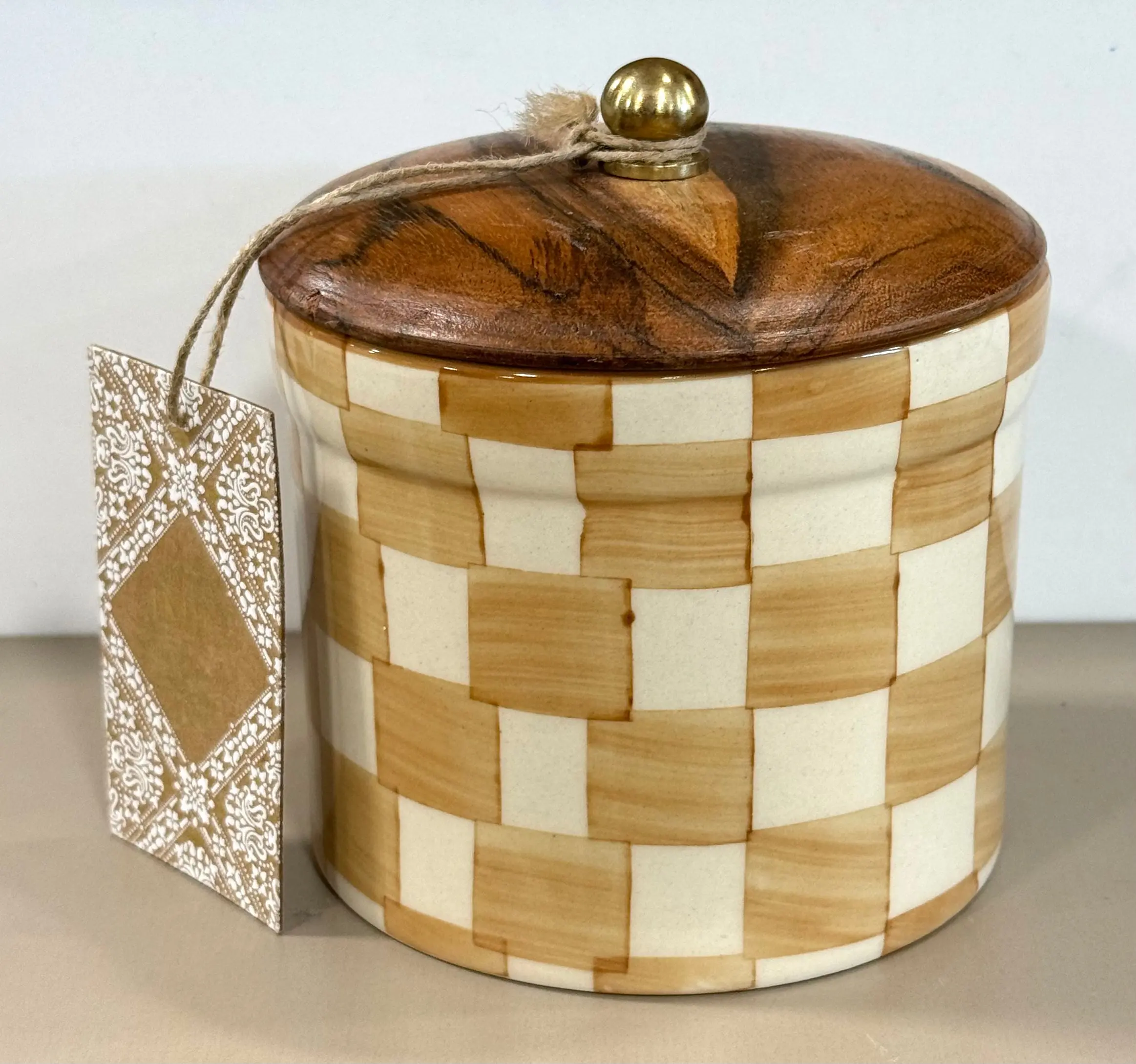 New Made in India ceramic 5” storage butter ceramic check checkered storage canister decor