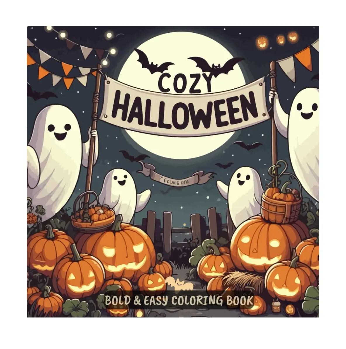 Cozy Halloween Bold & Easy Coloring Book: 50 Cute and Spooky Designs for Kids and Adults Big and Simple for Relaxation Fun Large Print Coloring Pages