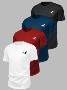 Men's Patterned Print T-Shirt 4-Piece Set, Streetwear Casual Style, Loose-Fitting Short Sleeve, Long Length, Trendy Youth Daily Wear