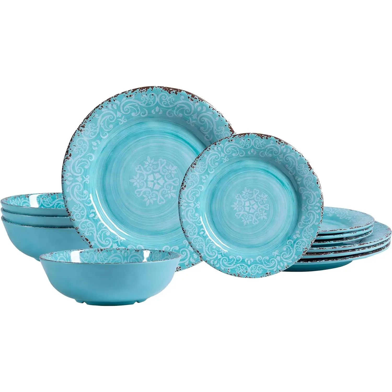 12-Piece Rustic Ceramic Farmhouse Dinnerware Set - Light Teal Floral Print, Heat-Resistant BPA-Free Melamine Dishes (Plates, Bowls) for Everyday Home Kitchen, Happy Birthday Gatherings, Housewarming, Travel Trailer Use, Party