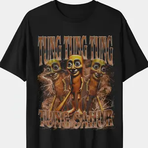 Funny "Tung Tung Tung Sahur" Italian Brainrot Meme Graphic T-Shirt, Creepy Cute Sausage Man Trio with Lightning Effect Design Soft Cotton Tee, Great Gift for Muslim Friends, Ramadan Celebrants & Viral Meme Fans