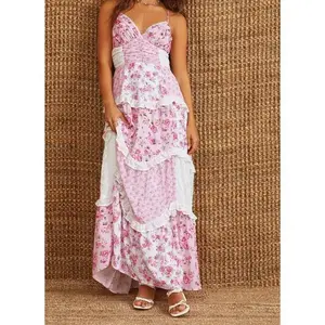 Turn Heads in Style with our Floral Lace Patchwork Spaghetti Strap Dress - Available in Pink or Blue for a Chic Summer Look