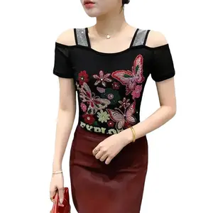 Heavy industry diamond inlaid double-layer ice mesh short sleeved fashionable off shoulder beautiful back women's shirt casual women's short sleeved polyester top
