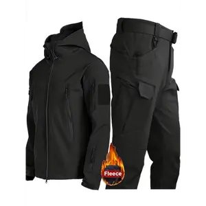 [Four Seasons Windproof Softshell Set] Men'S Hooded Softshell Jacket And Pants Set, Polyester Elastane Blend, Slight Stretch, Solid Color, Windproof, with Multiple Pockets, for Hiking, Casual & Outdoor Activities, Four Seasons Suitable