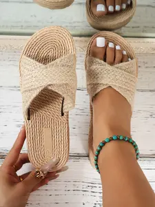 Summer New Linen Three-Cross Strap Boho Sandals for Women, Straw Flat Anti-Slip Beach Shoes, Casual Outdoor Footwear, Vacation Style