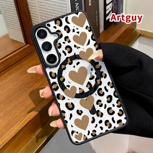Magnetic Phone case compatible with Samsung Galaxy S23 Ultra S24 Plus FE S25 S22+ Retro Heart Shape Leopard Pattern Non-Yellowing Shockproof Soft Silicone Transparent Acrylic Cover Supports Wireless Charging