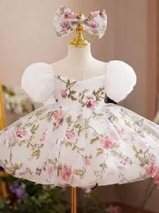 Baby Girl's Floral Print Contrast Mesh Maxi Dress & Bow Decor Hair Band, Elegant Puff Sleeve Zipper Back Party Dress for Party Performance Wedding Guest, Infant Toddler Kids Clothes for All Seasons, Floral Printed Dress, Baby Clothing