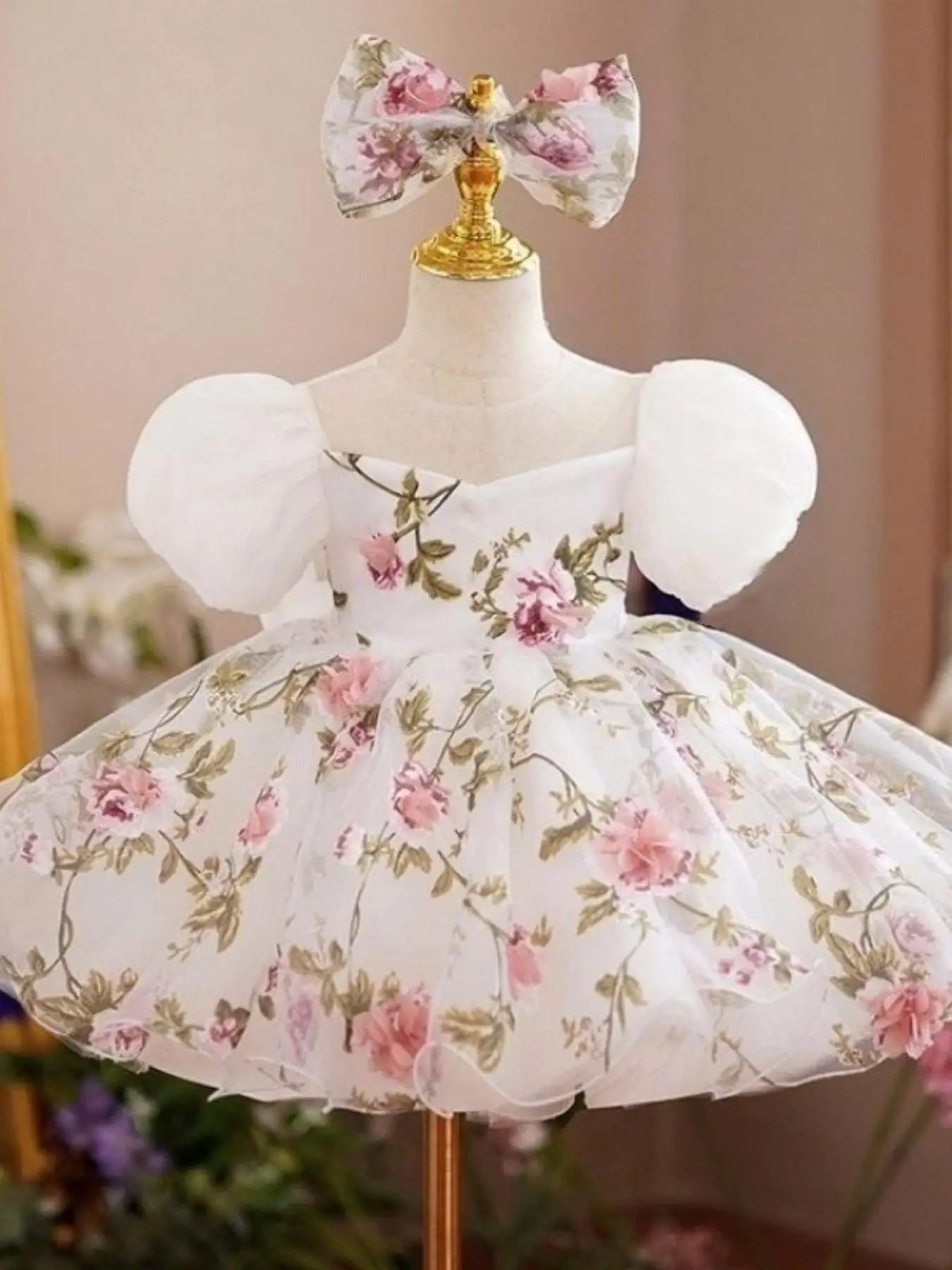 Baby Girl's Floral Print Contrast Mesh Maxi Dress & Bow Decor Hair Band, Elegant Puff Sleeve Zipper Back Party Dress for Party Performance Wedding Gue