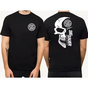 Sig Sauer Men's Never Settle T-shirt Unisex Short Sleeve Casual 100% Cotton Army Military Menswear with Skull Logo