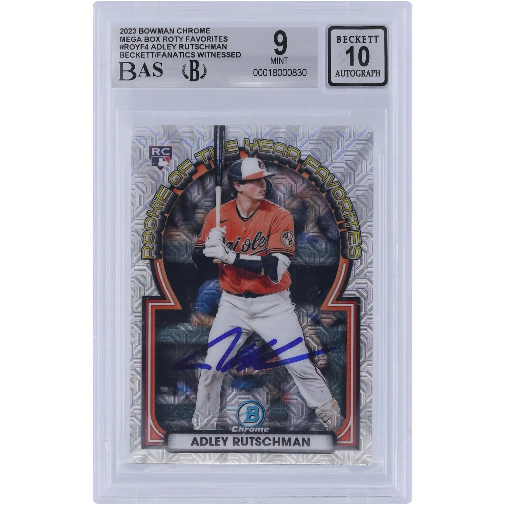 Adley Rutschman Baltimore Orioles Autographed 2023 Bowman Chrome Mega Box ROTY Favorites #ROYF-4 Beckett Fanatics Witnessed Authenticated 9/10 Rookie Card - Fanatics Authentic Certified