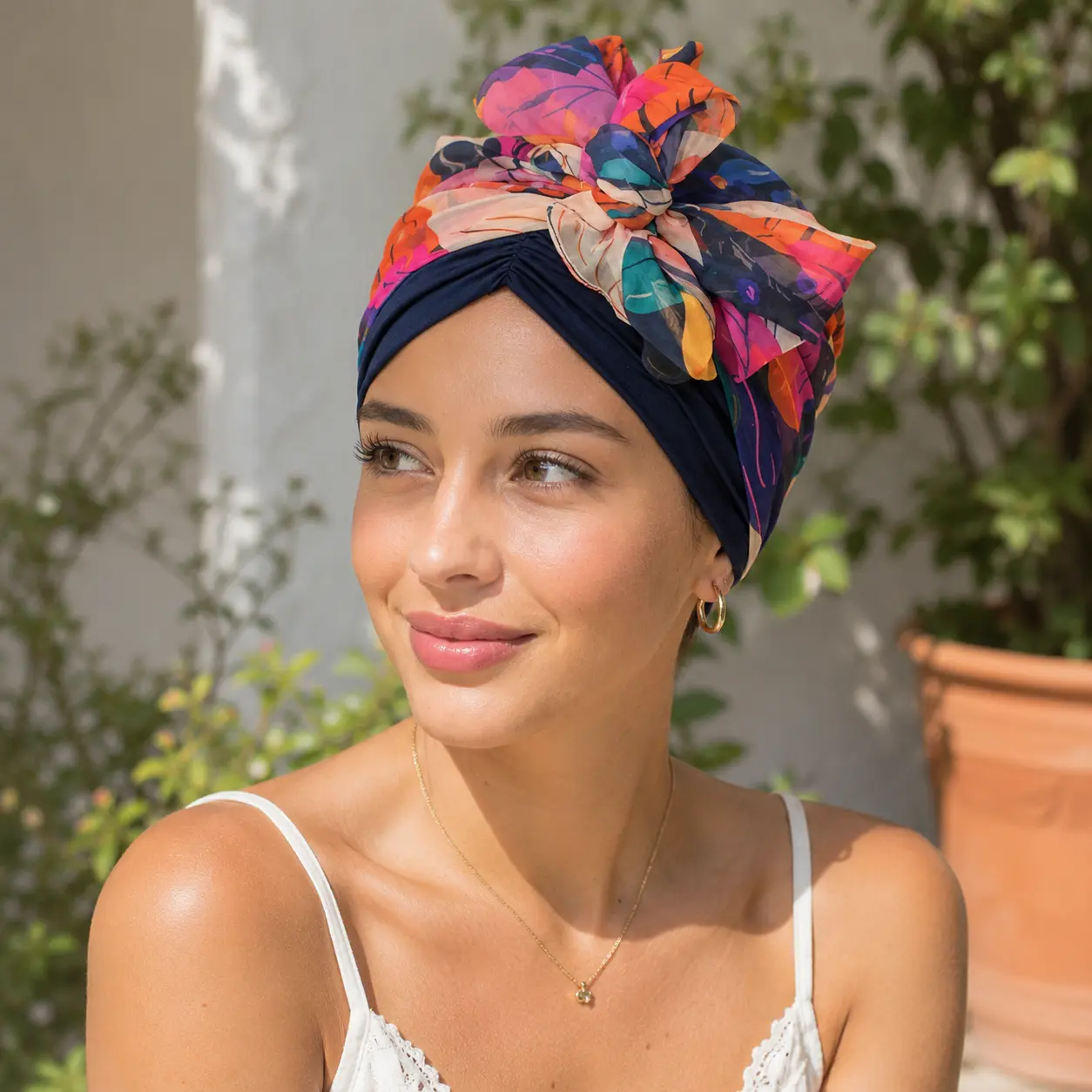 Pre-Tied Chemo Headwrap for Women, Soft Lightweight Turban Head Scarf with Floral Chiffon Tails, Full Coverage Hair Loss Cap for Cancer Patients, Alopecia and Daily Wear