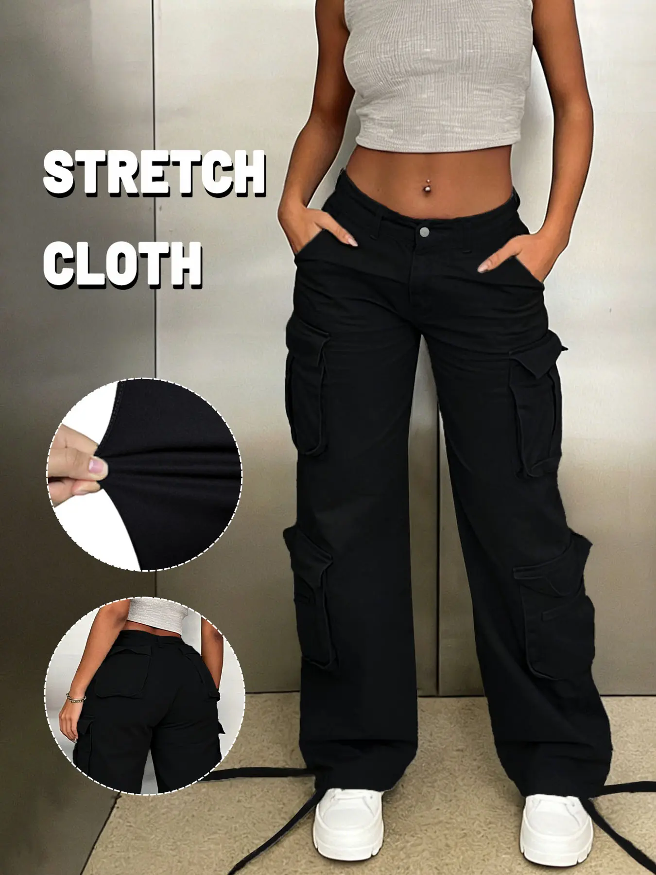 Women Black High Waist Multi Pockets Cargo Pants Stretchy Loose Wide Leg Streetwear Drawstring Hem Casual Trousers
