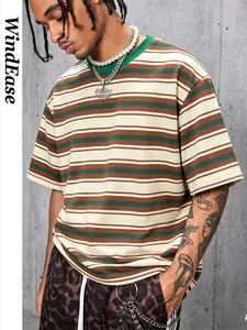 2026 New Men's Colorblock Striped Round Neck T-Shirt, Vintage Classic Striped Short Sleeve Top, Streetwear, Casual American Street Style, Perfect for Daily Wear