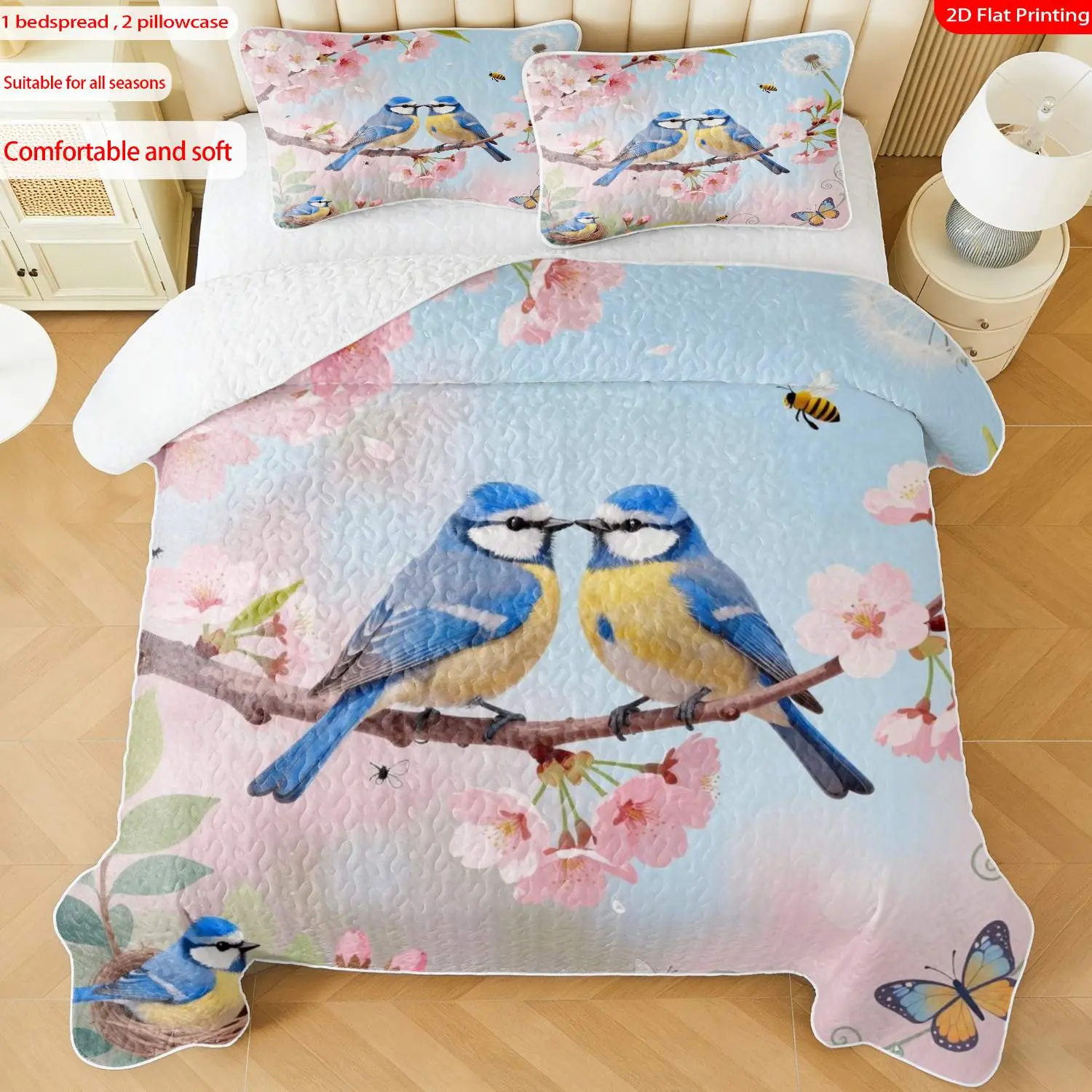 3pcs, 2D Flat Print Elegant Spring Blossom & Blue Birds Quilted Bedspread Set, Romantic Floral Bedding with Bee & Butterfly Accents, Multiple Sizes, Festive Decorative Bedding for Bedroom(1 bedspread , 2 pillowcase)