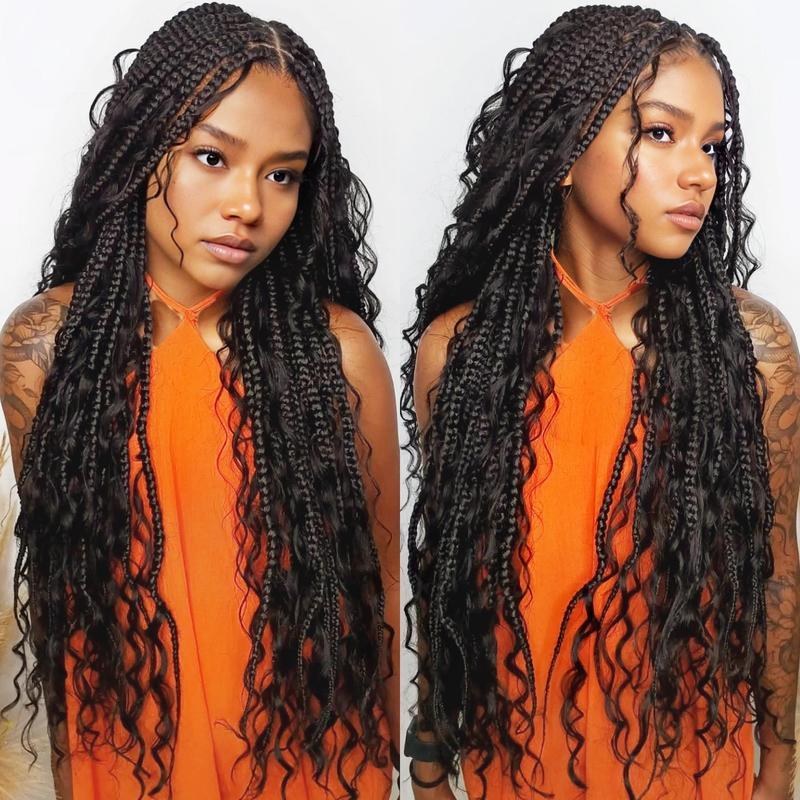 Boho Braided Wig 36Inch Full Lace Premium Synthetic Knotless Box Braid Wig with Baby Hair Bohemian Curly Ends
