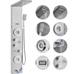 fathersdaygift VEVOR Shower Panel System, 6 Shower Modes, LED Display Shower Panel Tower, Rainfall, Waterfall, 4 Body Massage Jets, Tub Spout, Handheld Shower Head 59 Hose, Stainless Steel Wall-Mounted Shower Set