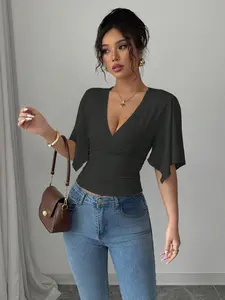 Elegant New Cross V Neck Slim Fit Batwing Sleeve Top, Shirts, Sexy Chic Casual Solid Color Blouse for Spring & Fall, Women's Fashion Statement Piece, Womenswear