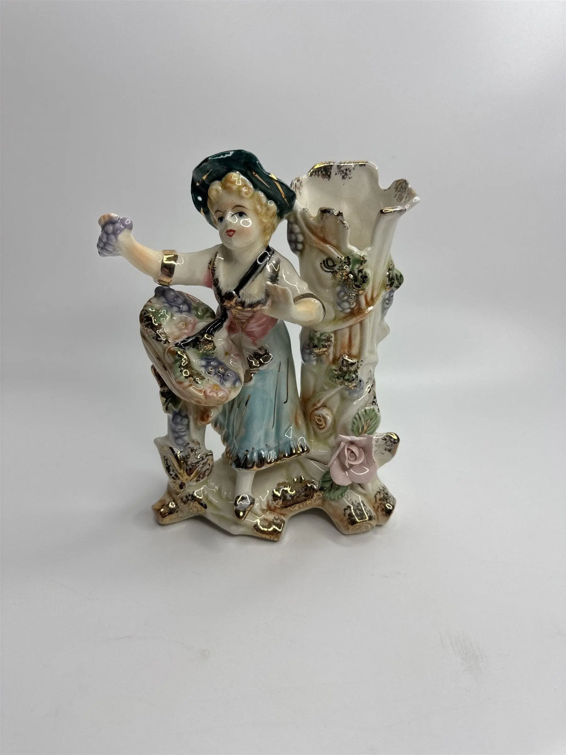 Vintage Ceramic Figurine Planter of Woman with Flowers and Fruit Basket JAPAN