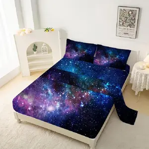 kxry Blue Purple Galaxy Fitted Sheet Sets Full Size for Boys Kids Teens Outer Universe Bedding Set 1 Fitted Sheet + 1 Flat Sheet + 2 Pillow