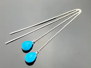 Turquoise Ear Thread Earrings · 925 Sterling Silver · Minimalist Gemstone Threaders · Handmade Dangle Gift for Her