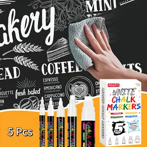 5Pcs/Set White Chalk Markers – Washable & Erasable Liquid Chalk Pens for Windows, Glass & Car, 5 Tip Sizes, Non-Toxic, Dust-Free for Students, Kids & Home Use, School Teaching Tool