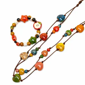 Boho Ceramic Bead Jewelry Set for Women – Handmade Adjustable Ceramic Necklace & Bracelet Set, Colorful Artisan Beaded Jewelry, Gift for Girlfriend, Best Friend, Mom, Birthday & Mother's Day