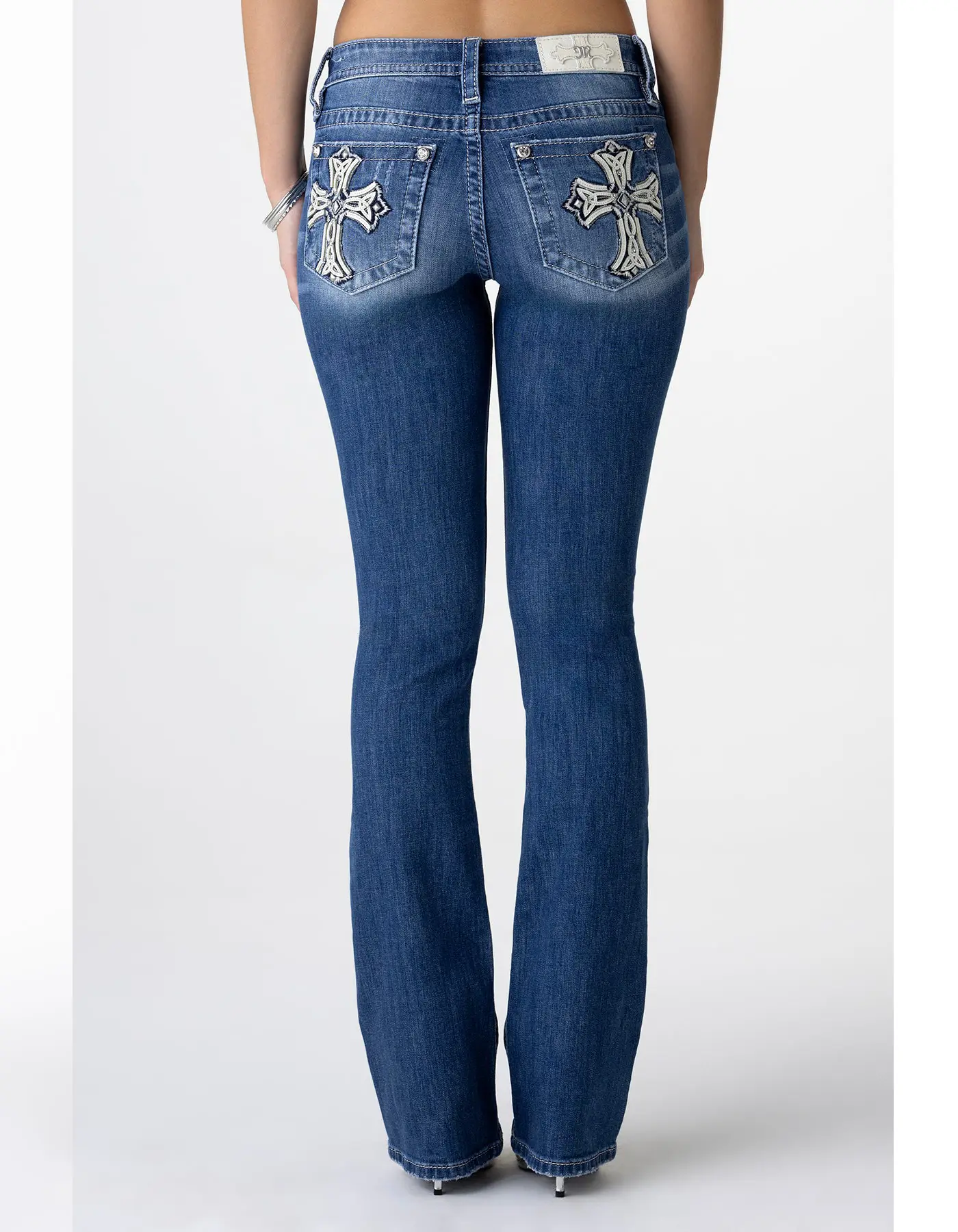Miss Me Women’s Mid-Rise Slim Bootcut Jeans - Washed Denim - Fireworks Embroidery & Rhinestone Glam - Y2K-Vintage Women's Jeans - Wear All Seasons