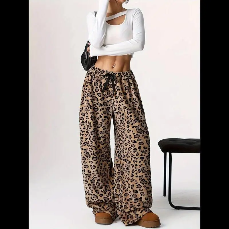 Women's Leopard Print Coral Fleece Pants, Thickened Warm Home Wear, Vintage Loose Fit Wide Leg, Fall Winter Casual, Casual Street Trousers Women's Leopard Print Coral Fleece Pants, Thickened Warm Home Wear, Vintage Loose Fit Wide Leg, Fall Winter Casual, Casual Street Trousers