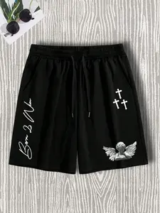Unisex "Born 2 Win" Graphic Fitted Shorts, Athleisure Casual Shorts, Casual Drawstring Shorts, Cherub & Cross Print Streetwear, Soft Lightweight Fabric, Y2K Gothic Aesthetic, Perfect for Summer Hangouts, Music Festivals