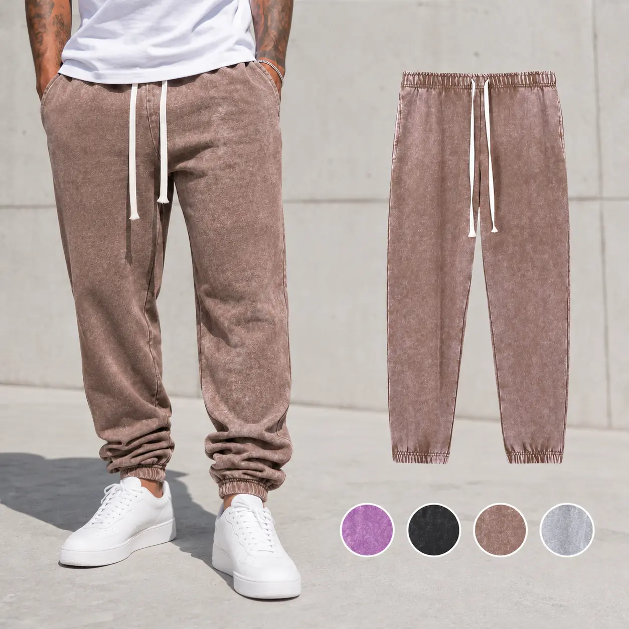 Men’s Vintage Washed French Terry Sweatpants, Relaxed Fit Cuffed Jogger Pants with Adjustable Drawstring Waist and Side Pockets for Streetwear, Lounge & Everyday Wear