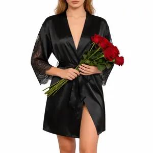Sexy Satin Lace Robe for Women Lightweight Soft Silky Kimono Gown with Adjustable Tie Waist Elegant Feminine Loungewear for Valentine’s Day Comfortable Affordable
